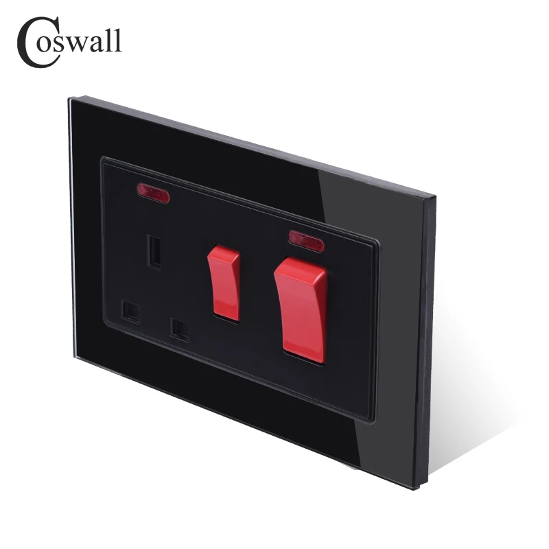 Фото Настенный переключатель COSWALL 45A DP + розетка стандарта Великобритании 13A BS с неоновым закаленным стеклом 3x6 размеров, черная панель из закален... №4
