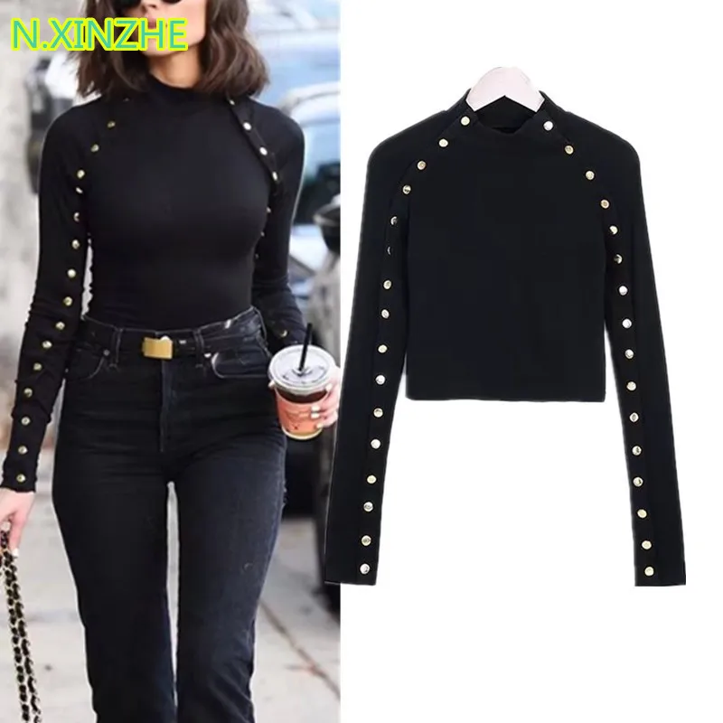 2019 women clothing long sleeve stand collar button solid short T-Shirt crop Top Female sexy fashion slim pure cotton Tees C3197 | Женская