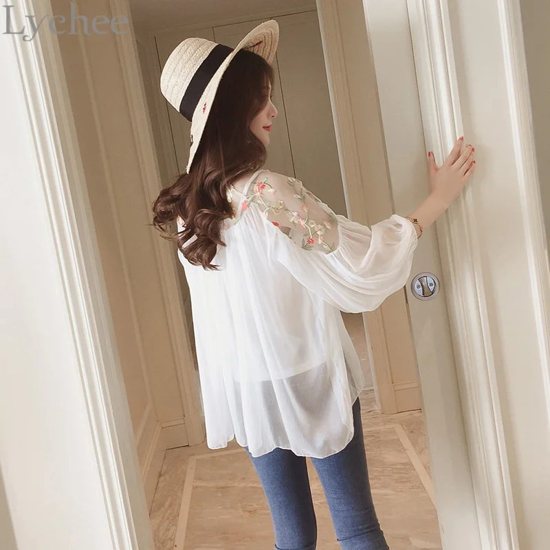 Женская шифоновая блузка с цветочной вышивкой и рукавами фонариками|chiffon shirt