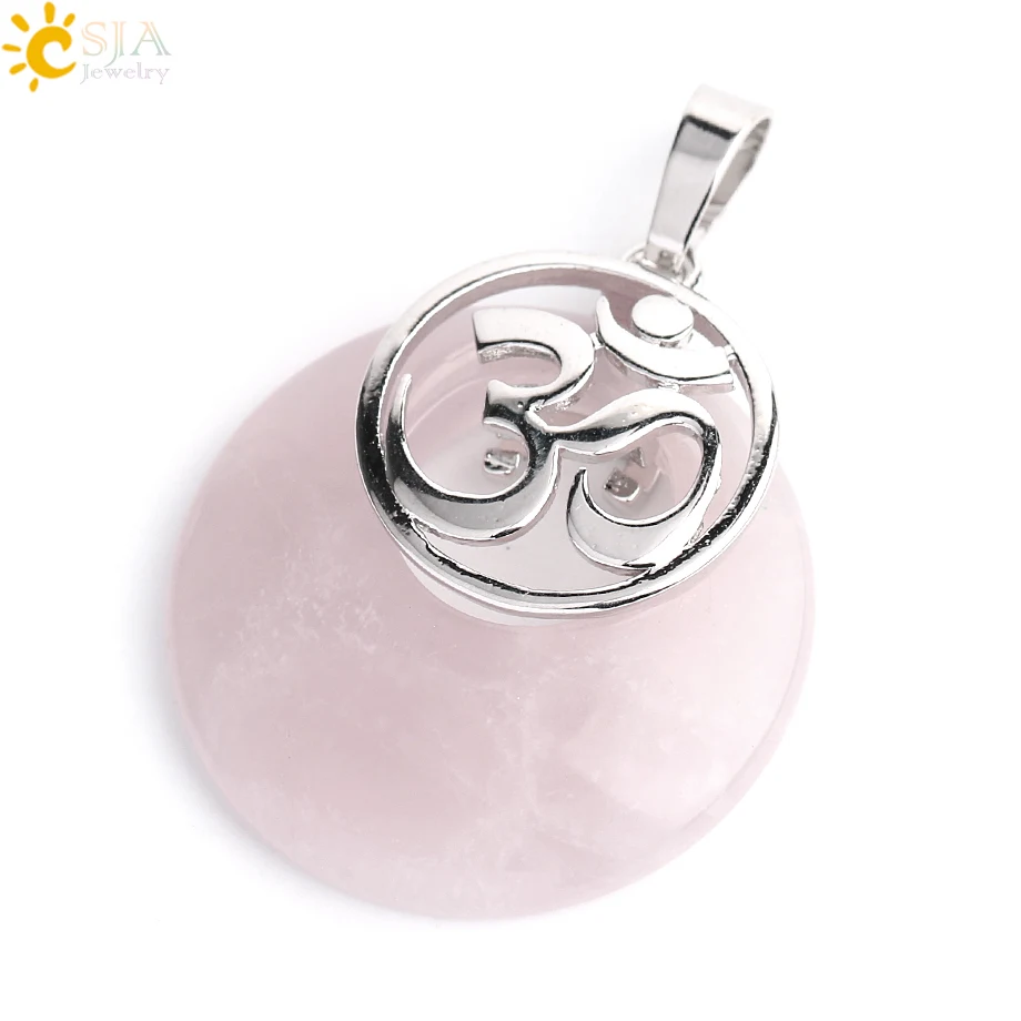Rose Quartz CSJA рейки натуральный камень розовый с кварцевым тигровым глазом Фиолетовый Кристалл оникс кулон Йога Серебряный Цвет 3D AUM женские ожерелья бижутерия G049 - Окраска металла: Rose Quartz