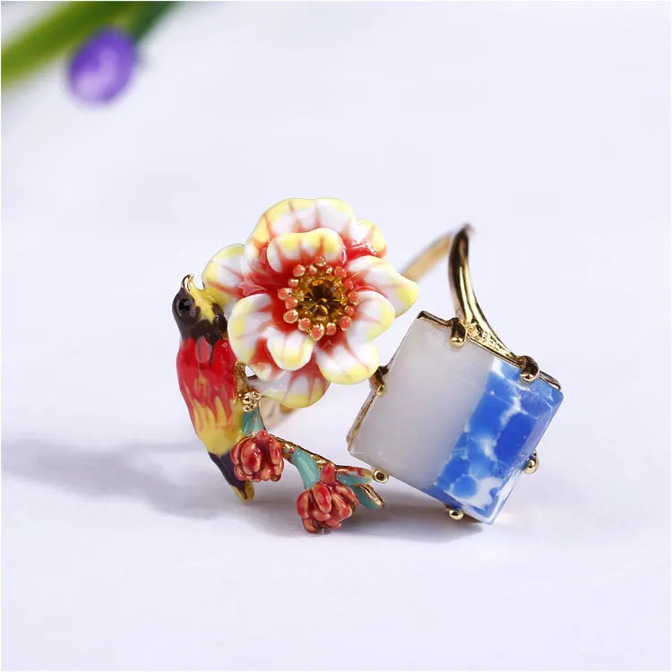 Bloom Peony Bird Gradient Colorful Stone Inlay Ring For Woman Adjustable Size Birthday Gift Jewellery anillos | Украшения и