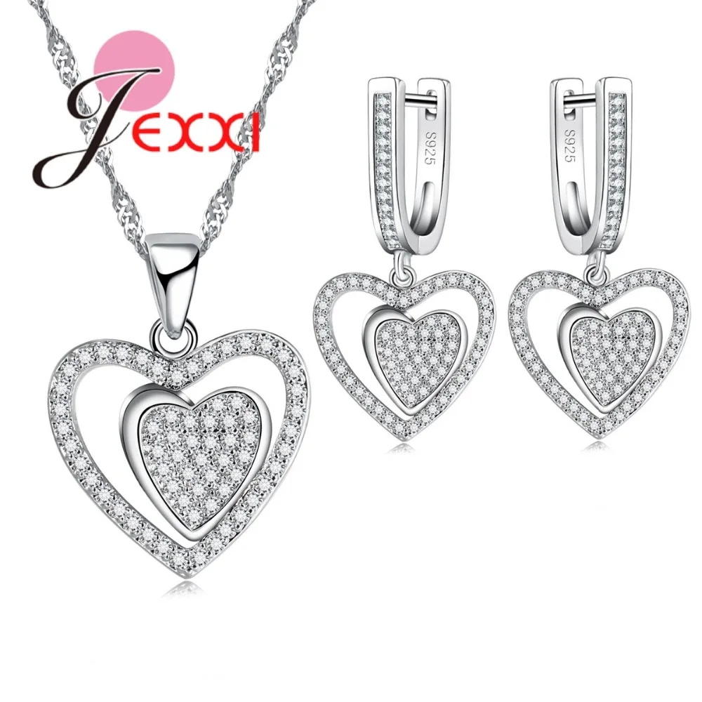 

Romantic Heart to Heart Shape Elegant Wedding Gift for Women High-End 925 Sterling Silver Jewelry Necklace Earrings Set