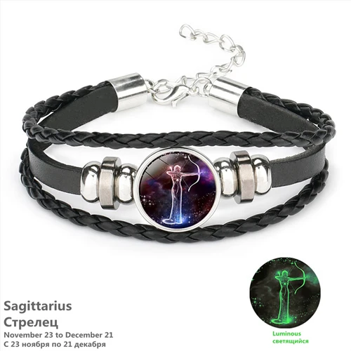 Sagittarius Модный светящийся браслет со знаком зодиака 12 созвездий, мужской кожаный браслет для мужчин, мальчиков, женщин, девочек, Парные браслеты для влюбленных - Окраска металла: Sagittarius