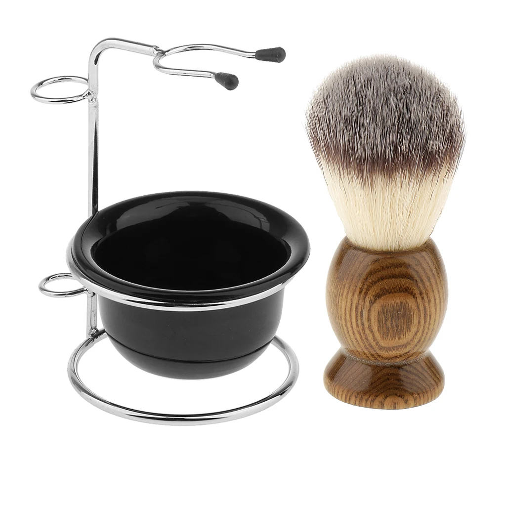 Set of 3 Pieces Natural Wood Shaving Brush + Stainless Steel Holder Stand Rack Mens Shave Soap Cream Mug Bowl Kit | Красота и