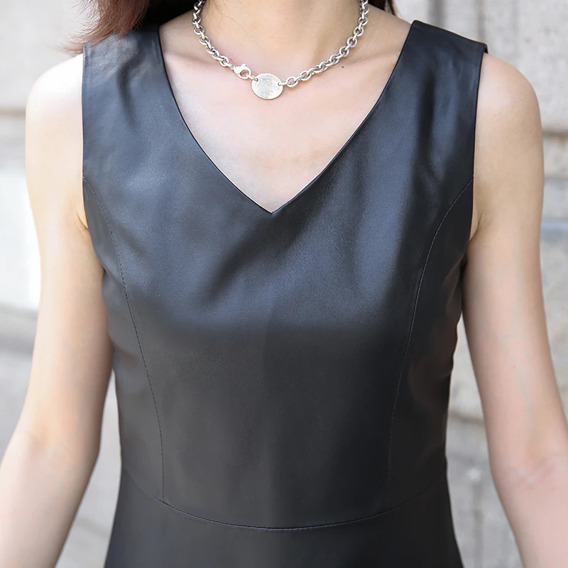 Женское платье-Русалка из натуральной кожи с V-образным вырезом