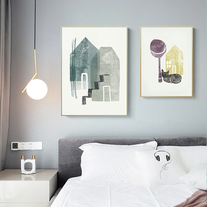 Настенная картина в скандинавском стиле с изображением абстрактного дома кошки