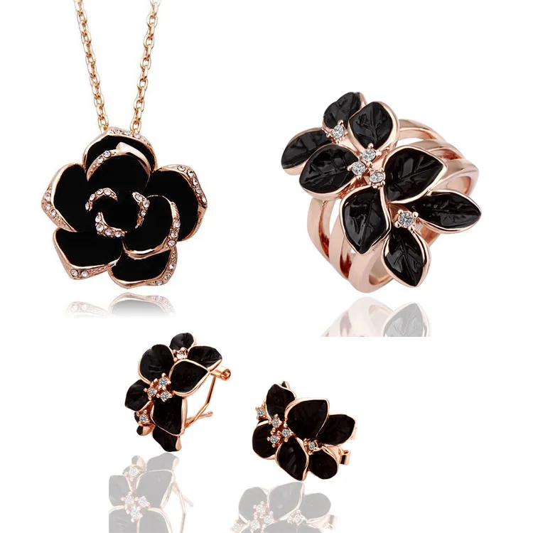 Женский ювелирный комплект из колье серёг и кольца с камелией|brand jewelry sets|designer