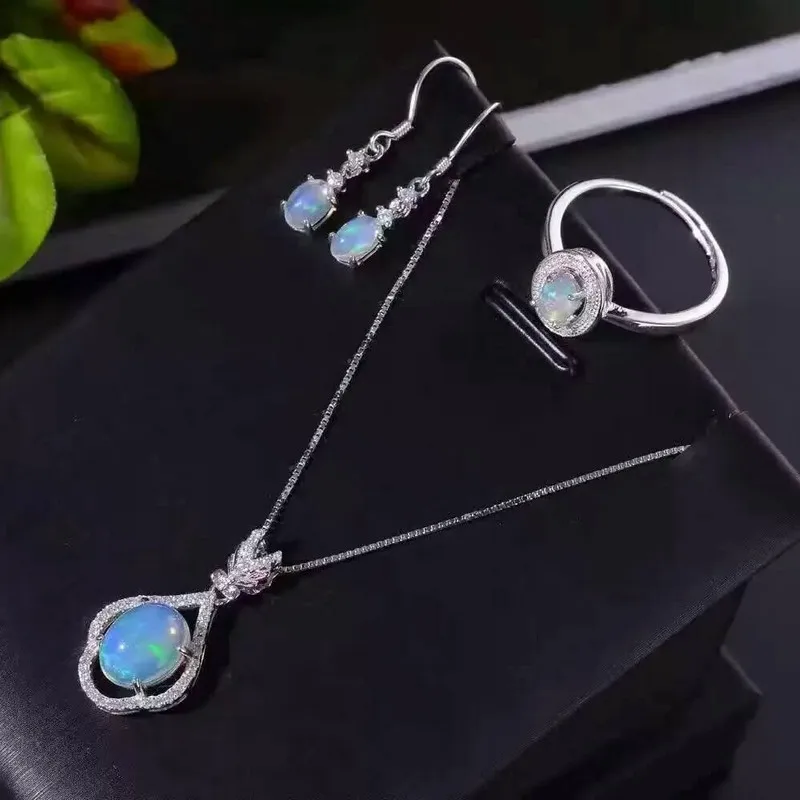 Женские серебряные сережки/Кольцо/подвеска с натуральным опалом Элегантные