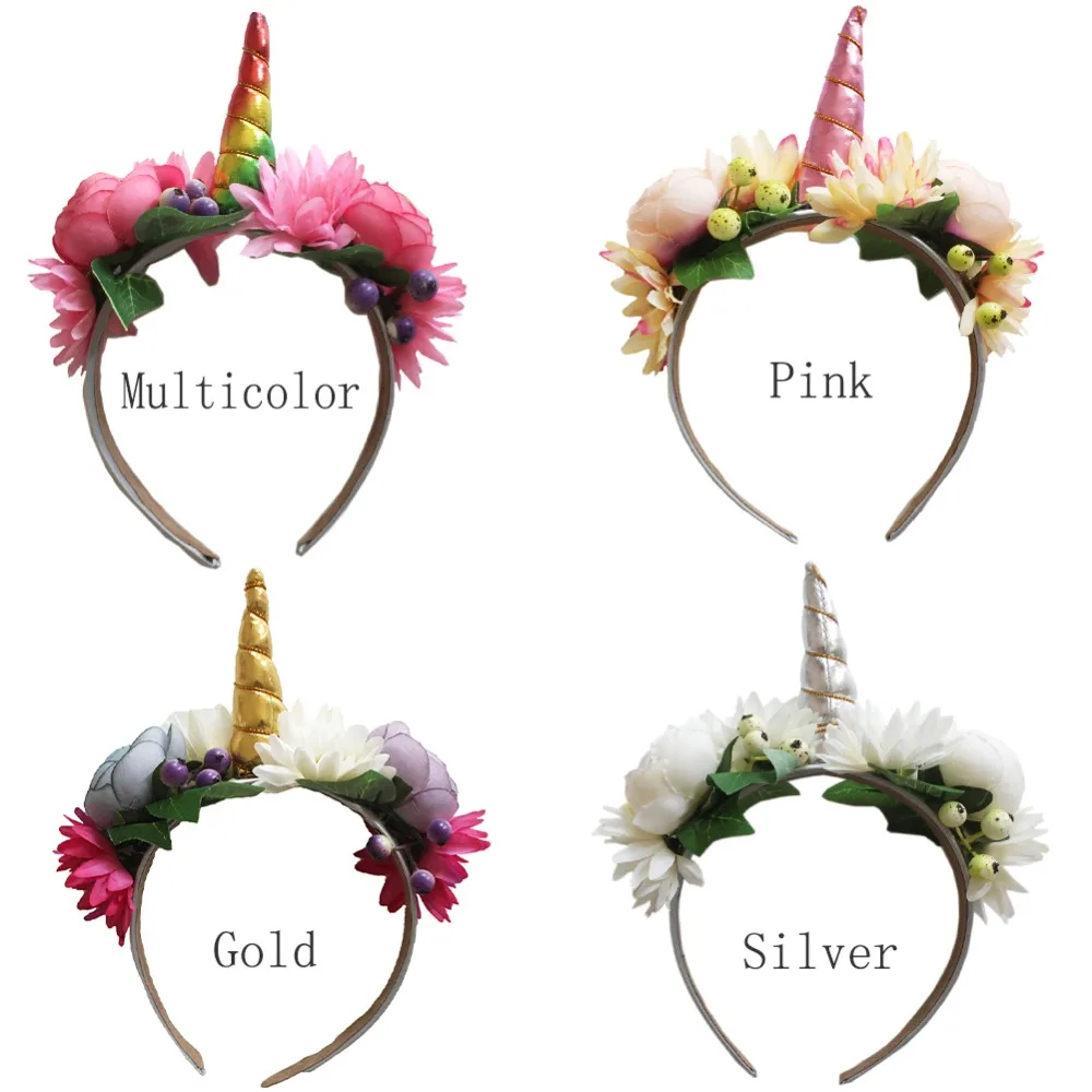 Повязка на голову с рогом единорога Цветочная корона для девочек день рождения