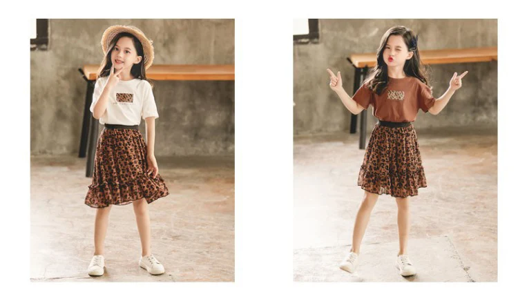 Girls Clothes Set Summer White Shirt with Leopard Cake Skirt 2 Pieces Sets Little Kids Casula Cotton Clothing Suit