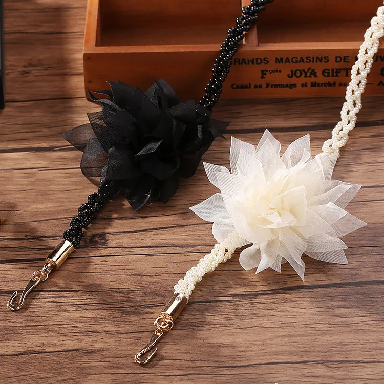 HoolttPrinc Elegant women pearl belts metal chain big flower belts black white pearl chain women fashion clothing accessories