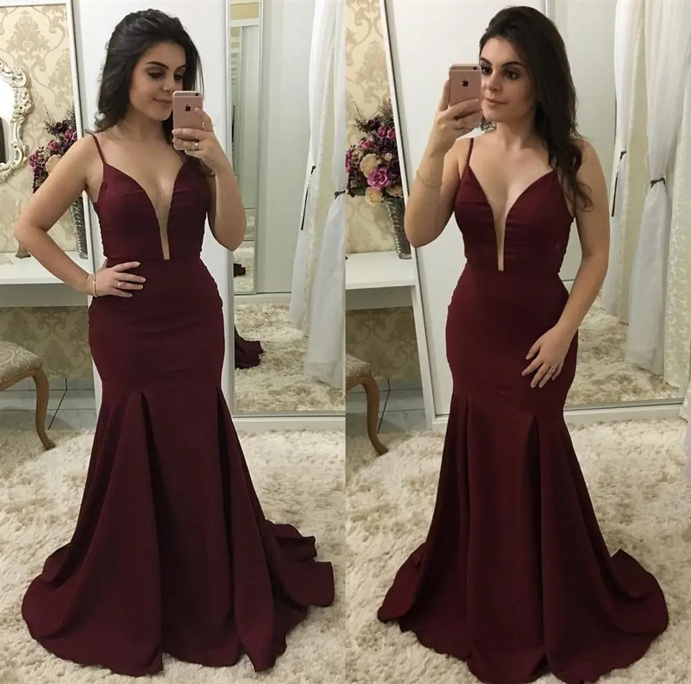 

Robe de soiree, сексуальные бордовые Вечерние платья на тонких бретельках с v-образным вырезом, атласное вечернее платье русалки, вечерние платья ...