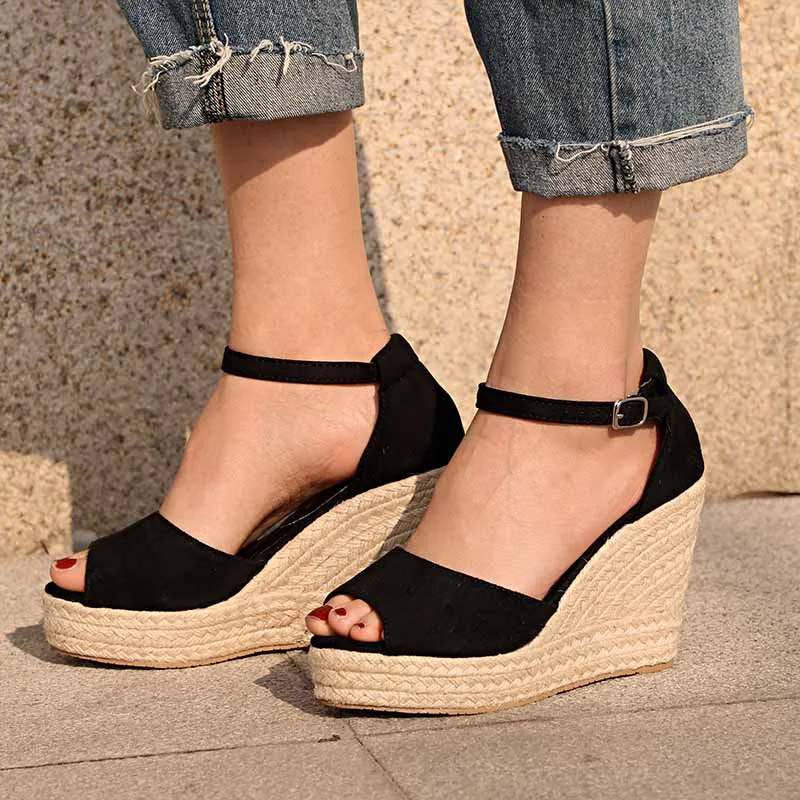 

Platform Wedges Women Summer Sandals Peep Toe Ankle Strap Buckle Hemp Weaving Female Shoes Super High Heels Fashion Plus Size