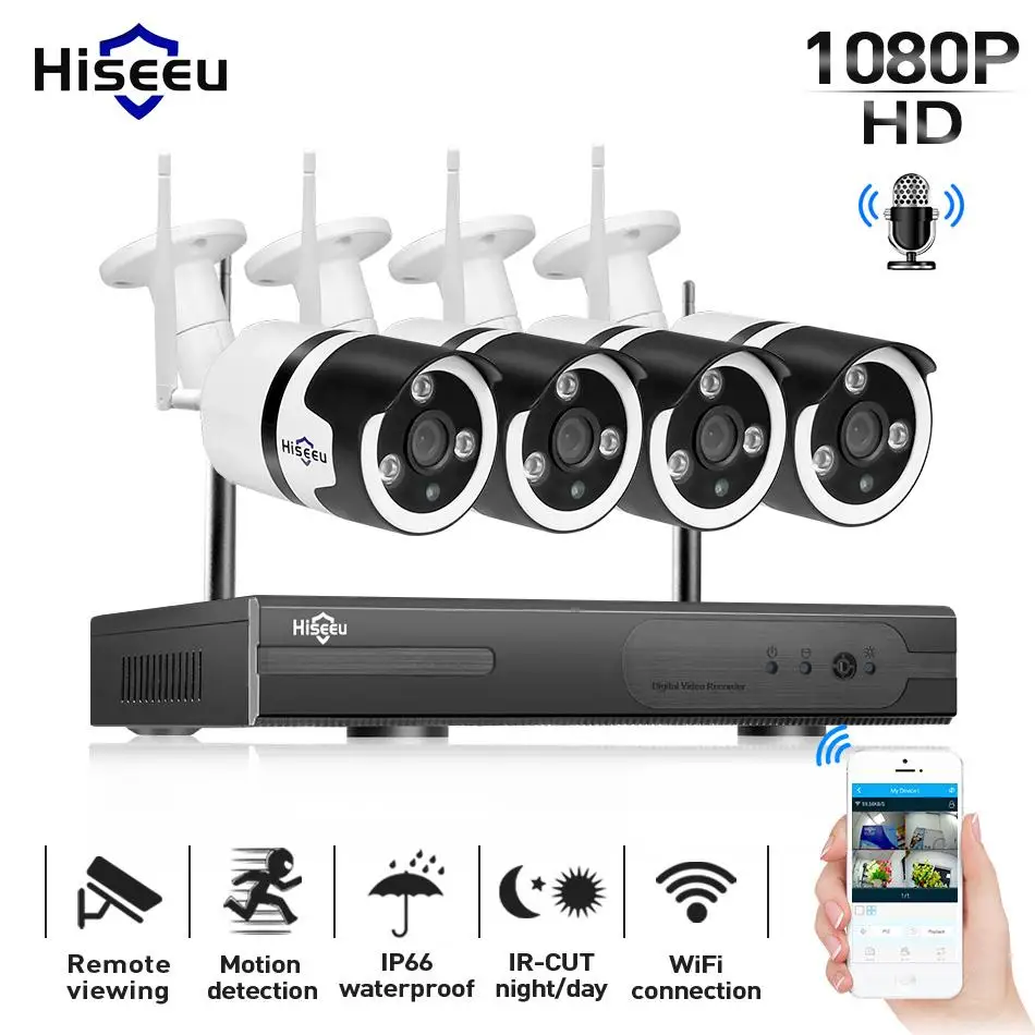 Беспроводная система видеонаблюдения Hiseeu 1080P 4 канала 2 МП аудио IP камера