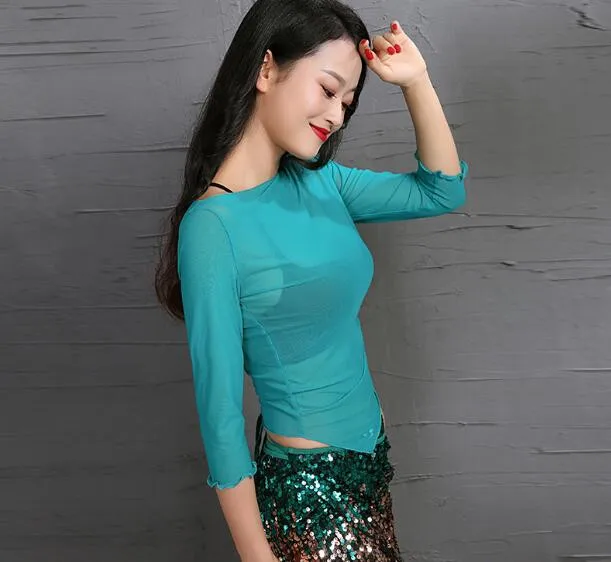 

New Peacock Blue Women Bellydance Costume Set 3 Piece Sexy Transparent Top Sequin Hip Scarf Dancer Clothes