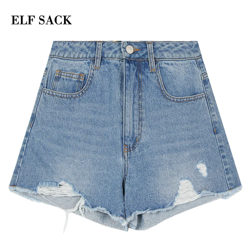 Женские джинсовые шорты ELF SACK небесно голубые хлопчатобумажные с потертостями