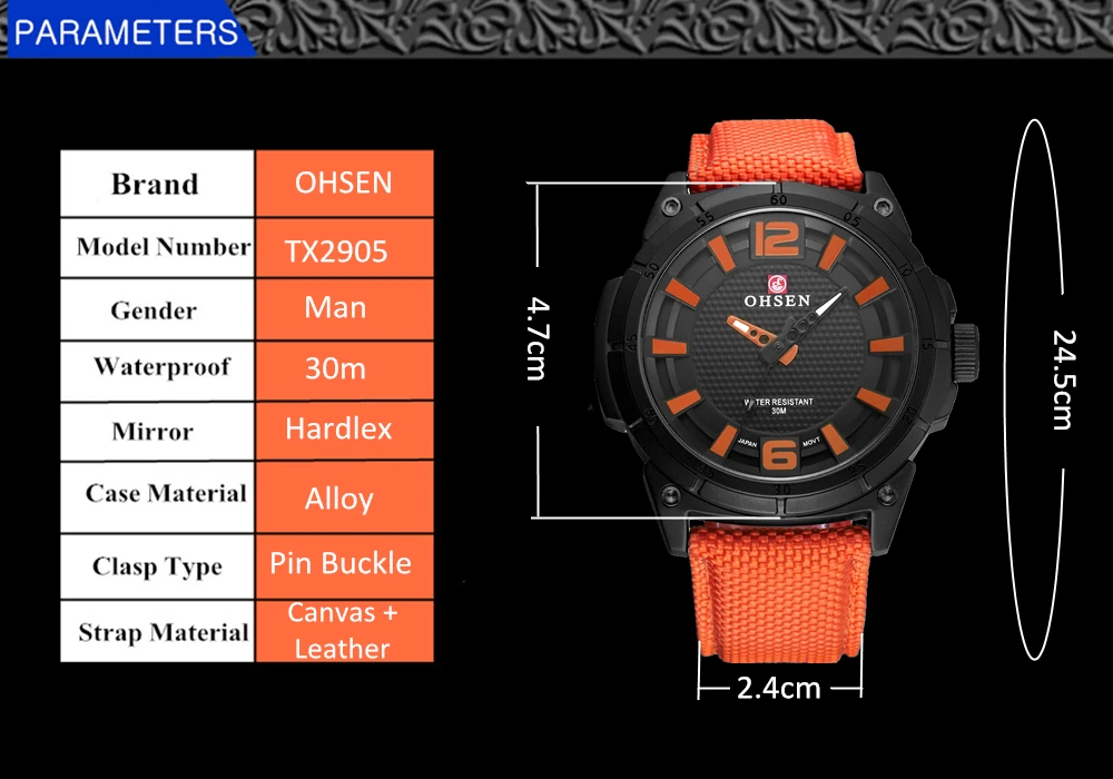 OHSEN модные повседневные Брендовые мужские Оранжевые кварцевые часы мужские деловые наручные часы 30 м водонепроницаемые часы Hombre аналоговые часы Relogio