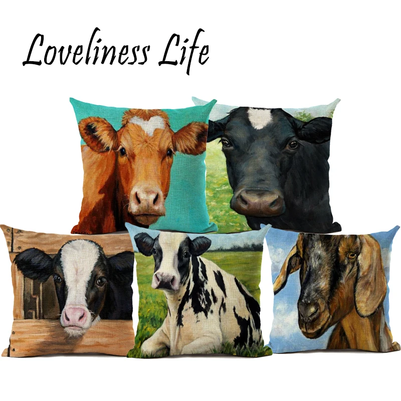 Оригинальная картина написанная маслом корова рисунок льняная Подушка