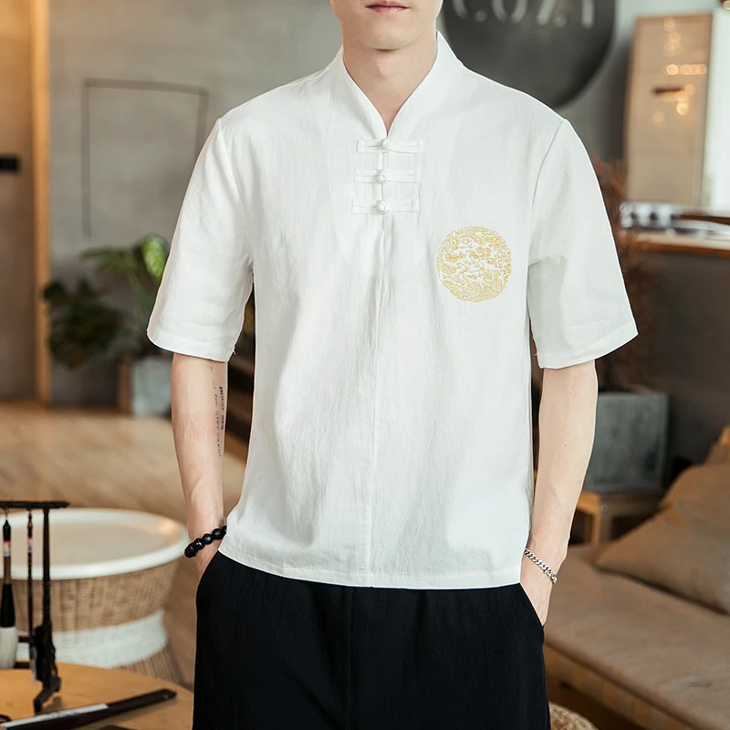 

LOLDEAL Chinese Style Tee Summer Short-sleeved T-shirt Male Tang Suit Retro Embroidery Cotton Buckle