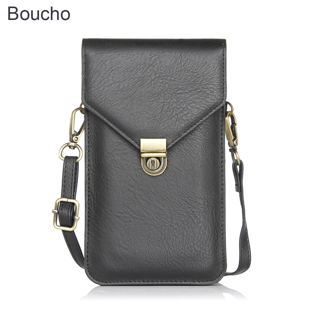 

Boucho Vintage Rhino pattern Leather Cell Phone Bag Wallet luxury Double-deck Neck Strap Shoulder bag for iPhone Samsung Huawei