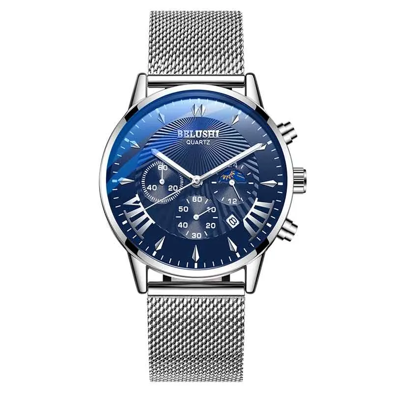 silversteelblue Relogio Masculino кожаные модные мужские часы лучший бренд класса люкс Ретро хронограф кожаные кварцевые часы мужские водонепроницаемые часы Reloj - Цвет: silversteelblue