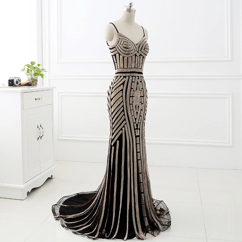 Robe De Soiree Вечерние платья Русалка Тюль Спагетти ремень открытая спина развертки бисером реальное изображение Выпускные платья LSX116