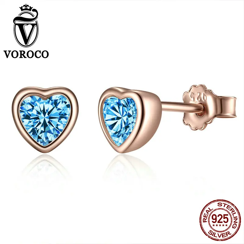 VOROCO AAA Синий CZ серьги розовое золото 100% 925 пробы серебро милые женские гвоздики