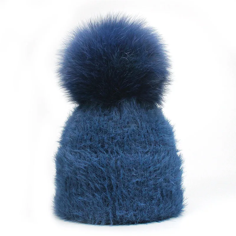 Hat Navy Комплект из 2 предметов, новинка, зимняя шапка с лисьим помпоном и кроличьим мехом и шарф для женщин и девочек, Хлопковая женская зимняя вязаная шапка, Повседневная одноцветная - Цвет: Hat Navy
