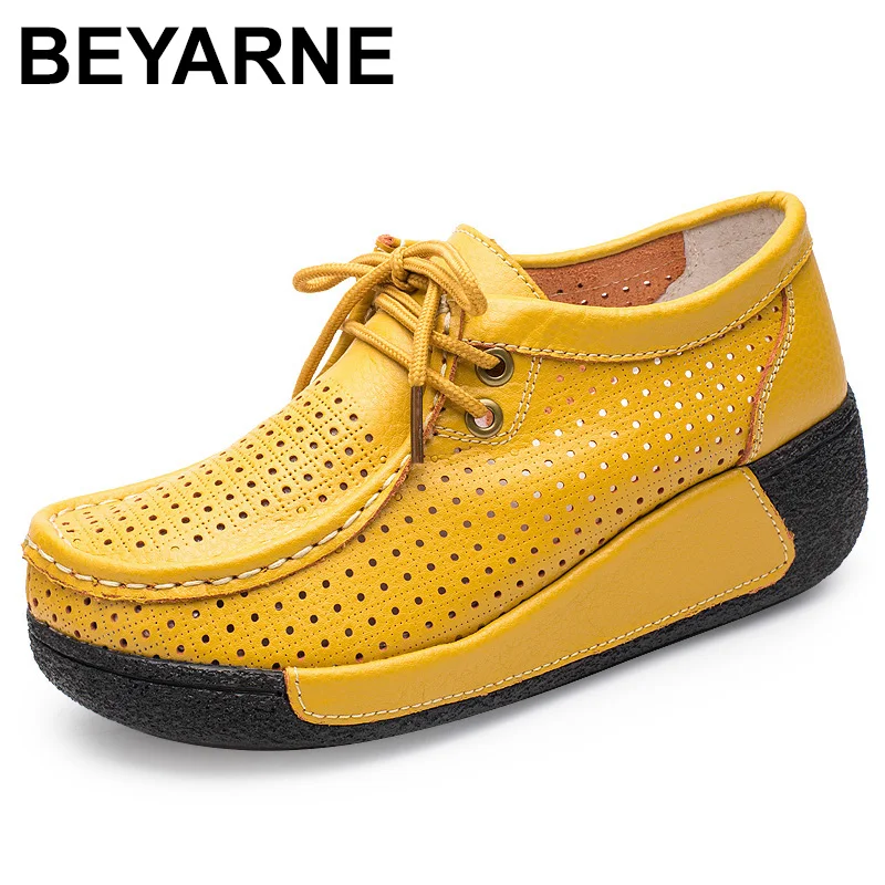 

BEYARNE2019 Spring Women Genuine Leather Shoes Women Platform Sneakers Cutouts Summer Lace Up Moccasins Shoes WomanE414
