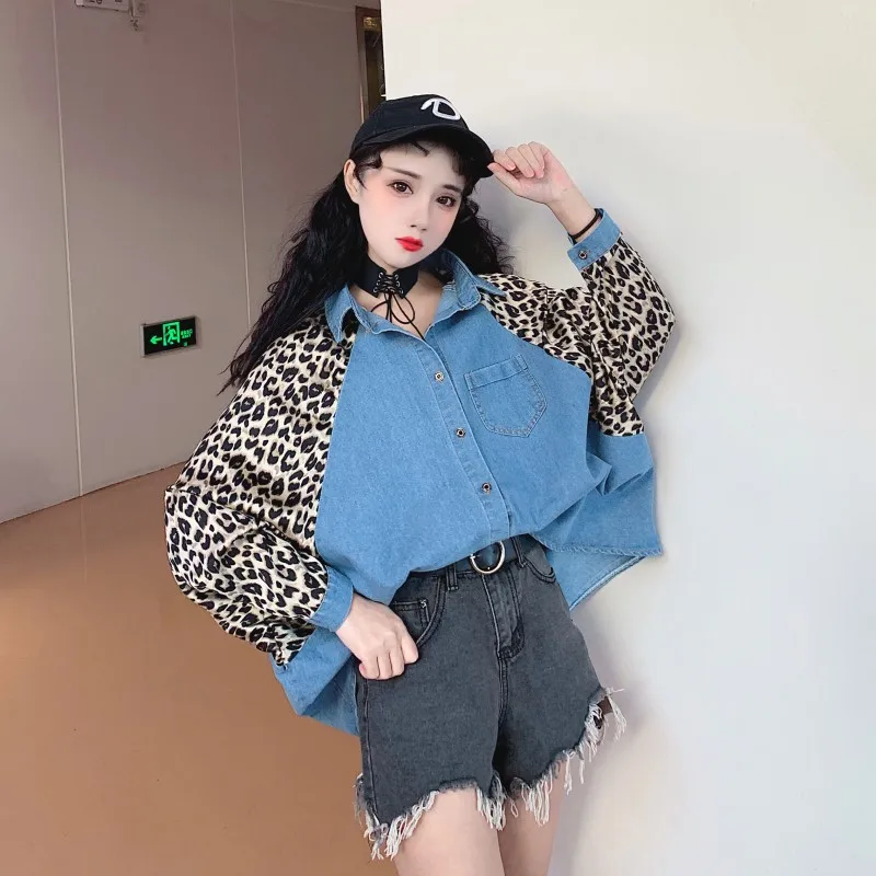 Женская рубашка с длинным рукавом в Корейском стиле леопардовым принтом | одежда