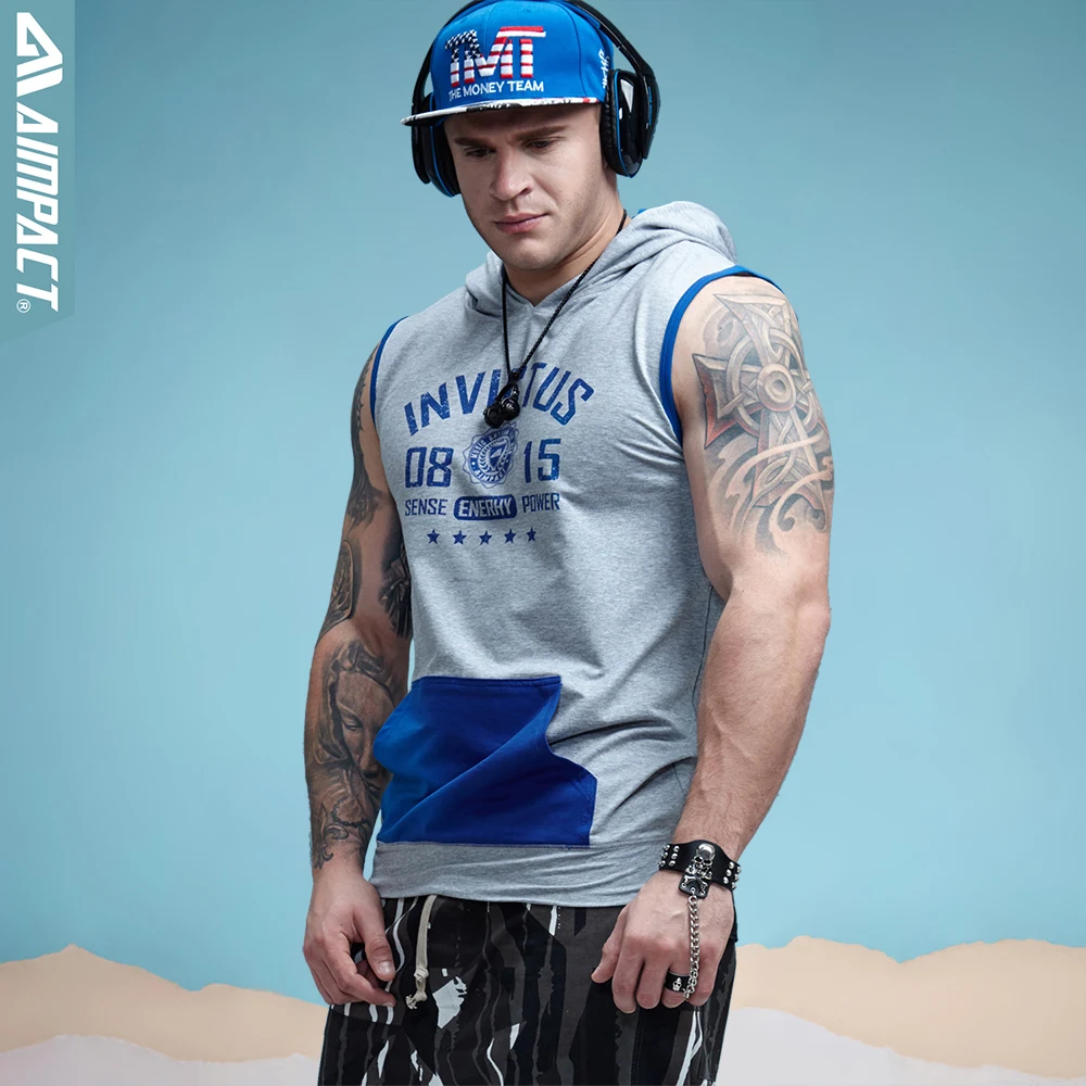 Aimpact Бодибилдинг худи без рукавов контрастный карман установлены хлопка мужские