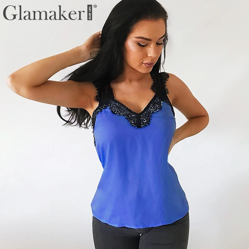 Glamaker, сексуальный, v-образный вырез, элегантное, кружевное, для женщин, сатин, черный, открытая спина, свободный, летний, камзол, майка, для девушек, на каждый день, уличная одежда, топ, cami