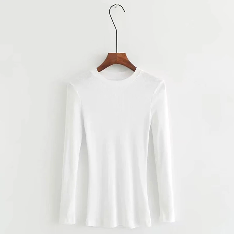 white 1 шт., новинка, простые тонкие топы, футболка, одноцветная женская рубашка, женская рубашка с круглым вырезом, в рубчик, с длинным рукавом, подходит для осени - Цвет: white