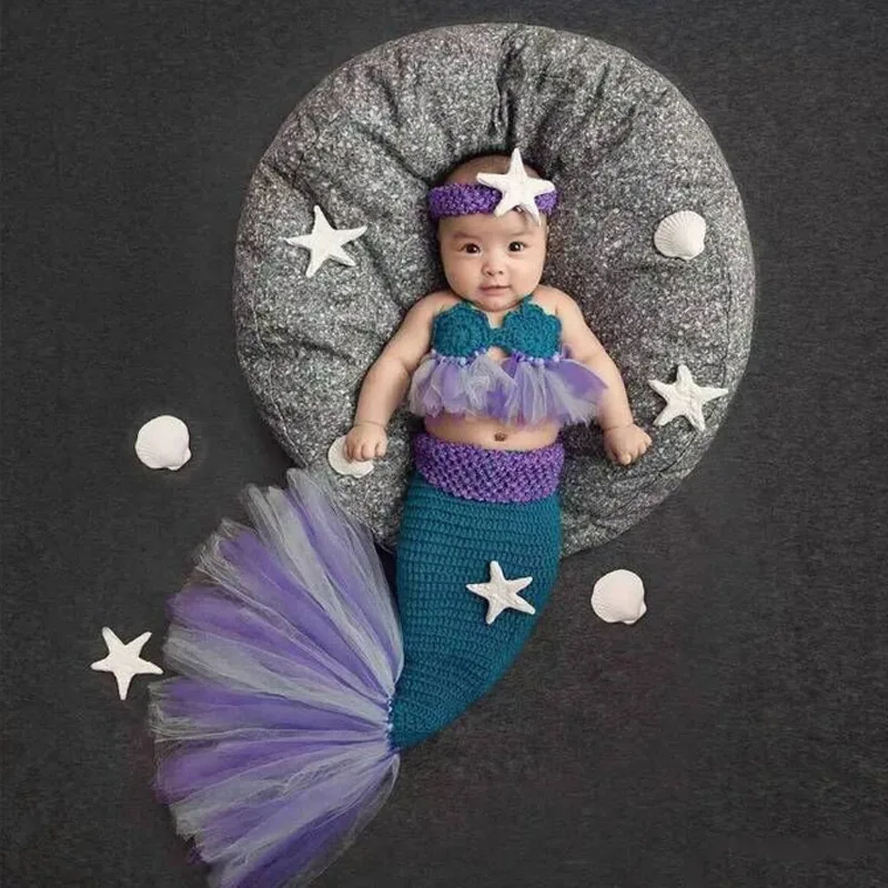 

Crochet Knit Newborn Mermaid Tail Costume Set Baby Photography Props Infant Studio Accessories M09