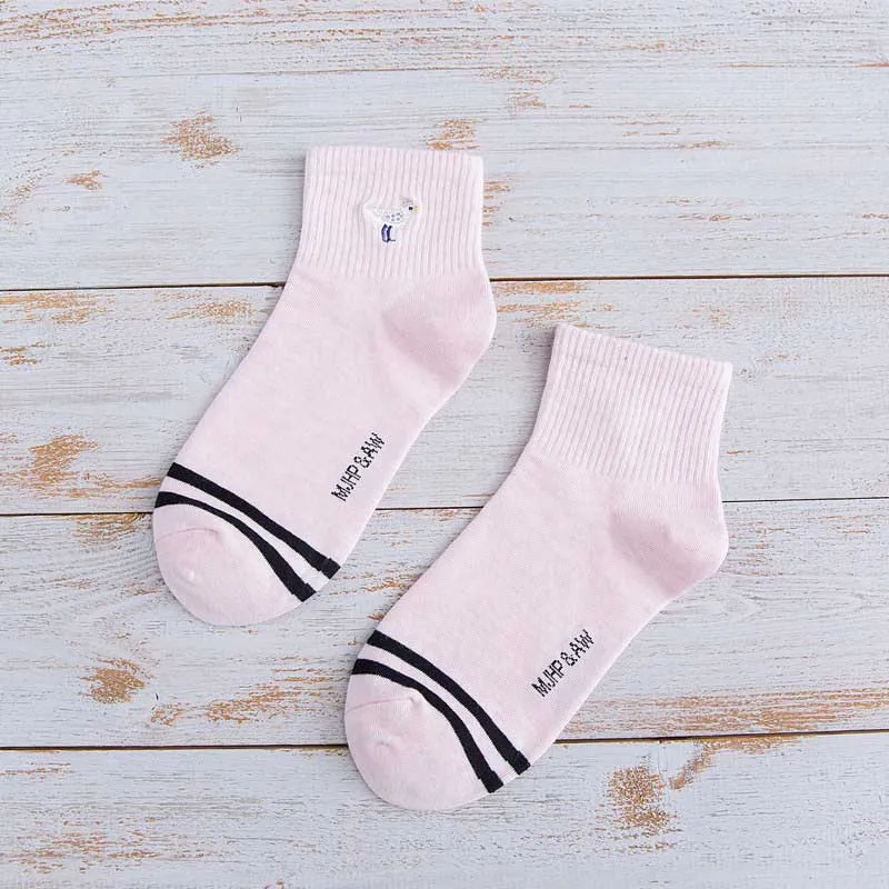 

[EIOISAPRA]High-Quality Goods Kawaii Embroider Seagulls Cotton Harajuku Women Socks Striped College Style Funny Socks Sokken