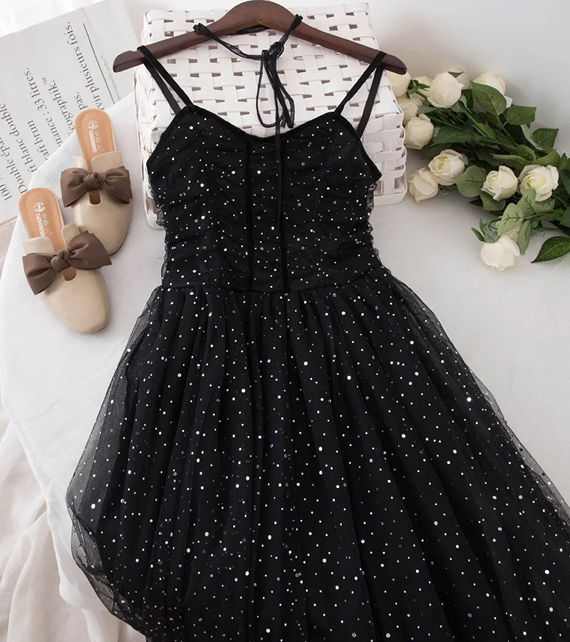 2019 New Women's Sundress Fashion High Quality Summer Female Clothes Thin Strap Bling Sweet Mesh Lace Dresses Pink Black | Женская