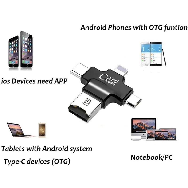 Многофункциональный 4in1 мобильный OTG адаптер SF2 с 8 pin USB type c/micro A вилки считывания SD