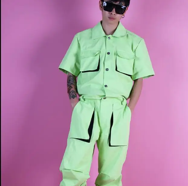 

New men's light green partial fluorescent visual tooling jumpsuit suit three-dimensional bag tooling hip hop street dance costum