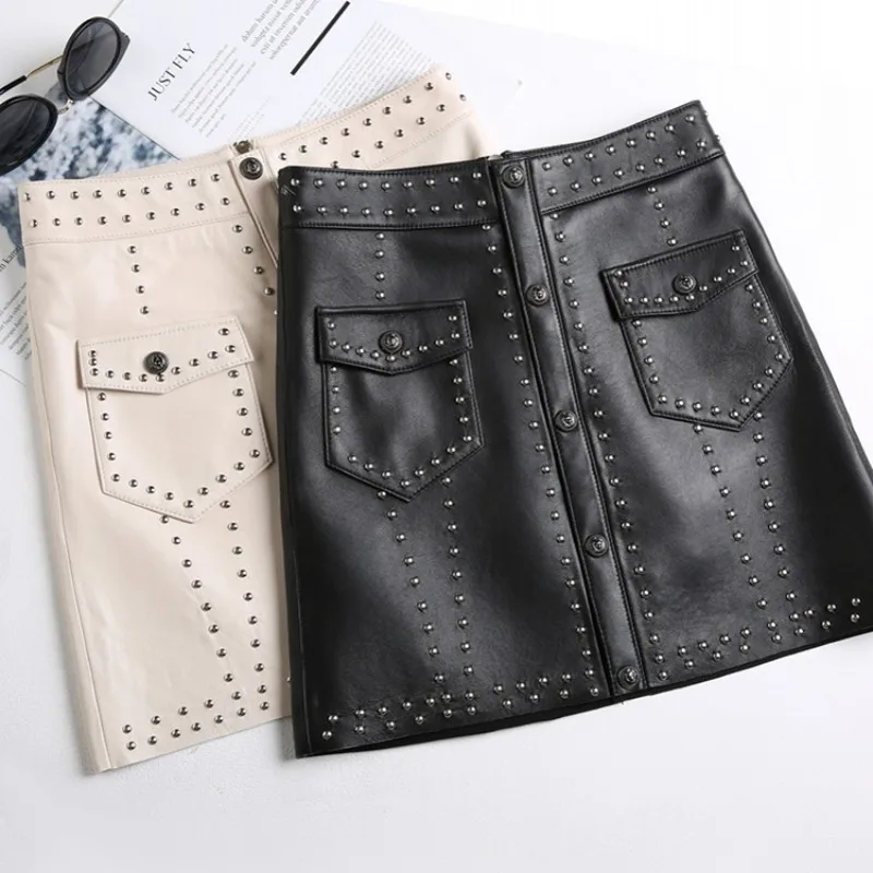 

2020 Autumn Winter Women Genuine Sheepskin Leather Skirt Black White High Waist Rivet Single Breasted OL A-Line Sexy Mini Skirts