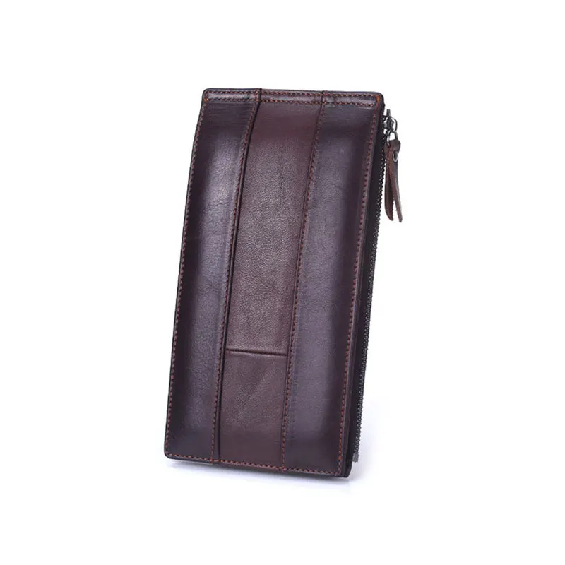Quality Cowhide Men Clutch Wallets Genuine Leather Long Purses Business Large Capacity Wallet Zipper Pocket For Male - Цвет: Coffee