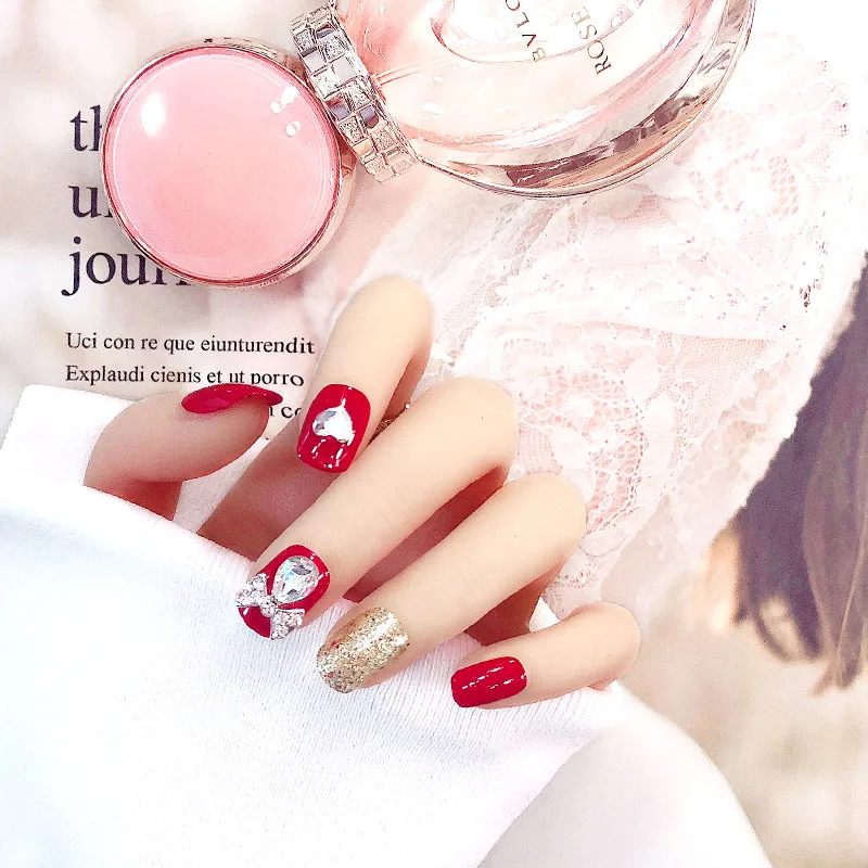 Красные блестящие золотые бриллиантовые Короткие квадратные накладные ногти в