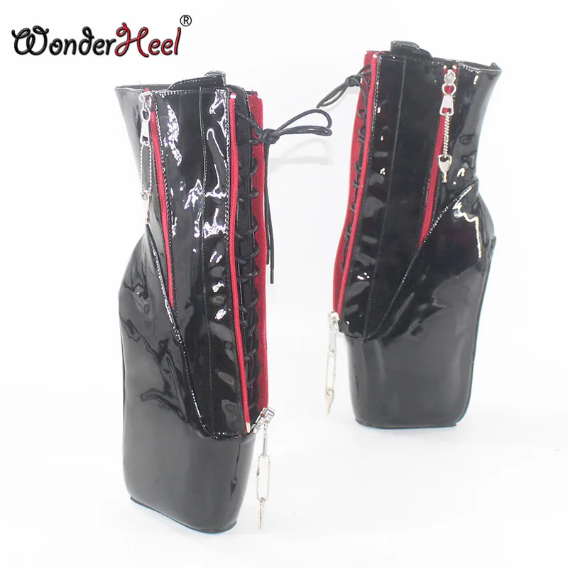 Wonderheel/Новинка; Туфли на очень высоком каблуке 7 дюймов; Туфли на танкетке с двойным замком и молнией; черные лакированные пикантные Фетиш-ботильоны на шнуровке