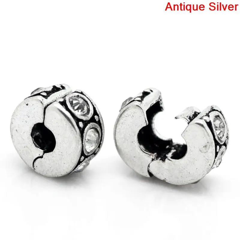 

DoreenBeads Европейский амулет зажим для фиксации и блокировка под заказ, античный Серебристый Цвет Прозрачный Стразы 11x10 мм, отверстие: около 3,2 ...