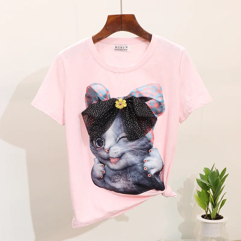 pink tshirt ALPHALMOD/Европейская и американская мода; Милая футболка с короткими рукавами и шипами с рисунком кота; аккуратные рваные джинсы; брюки; модная одежда - Цвет: pink tshirt