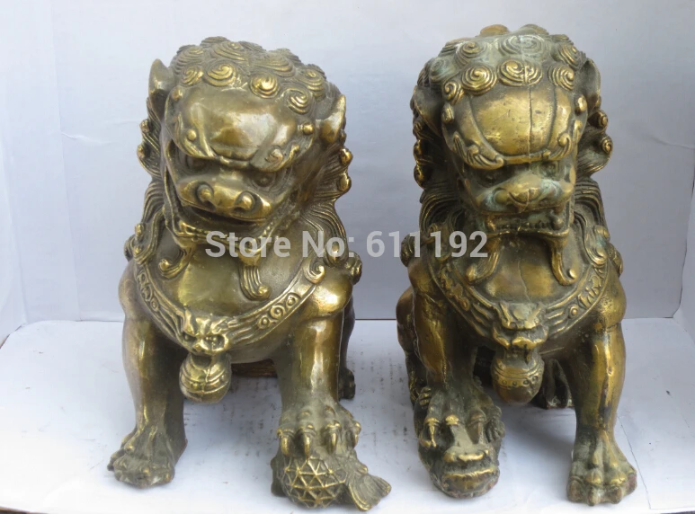 Пара ручной резной медный фу foo собака львы Статуя металла ремесла украшение дома