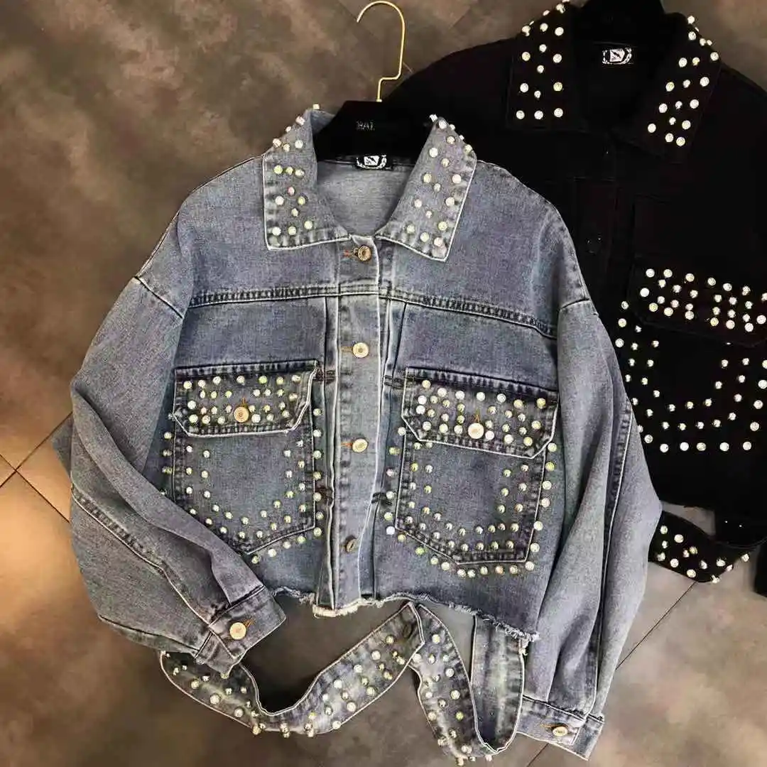 

Casaco Cotton Bomber Real Jaqueta Feminina Inverno 2019 Spring New Lapel Long Sleeve Beaded Diamond Woman Coat Womens Jacket