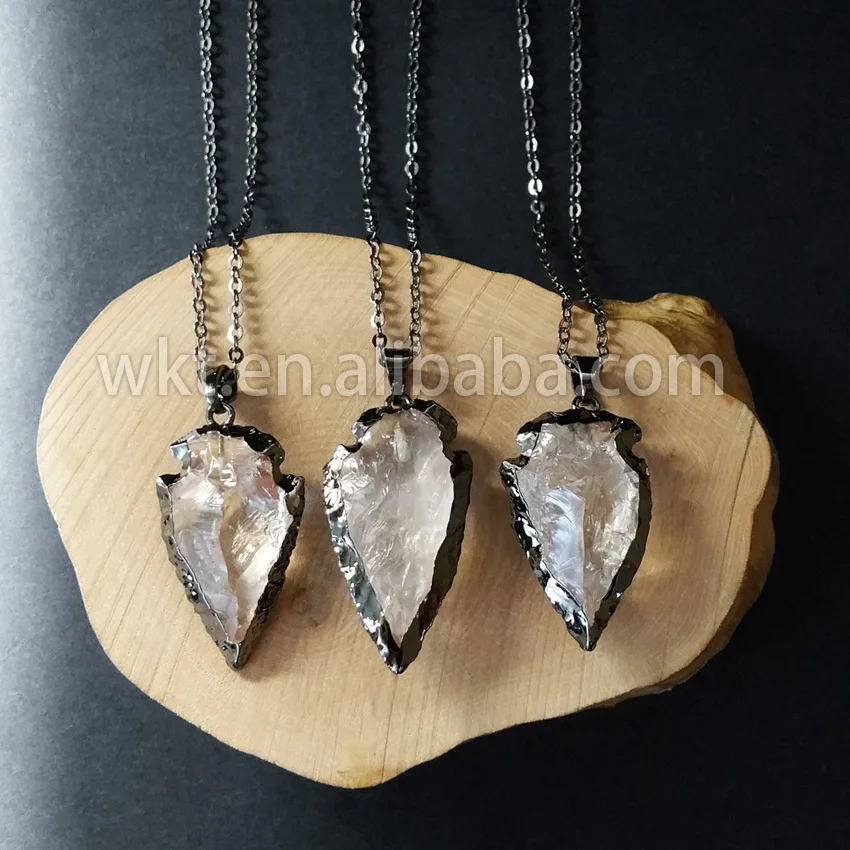 

WT-N593 Wholesale natural arrowhead clear crystal quartz necklace black gun plated arrowhead quartz retro jewelry