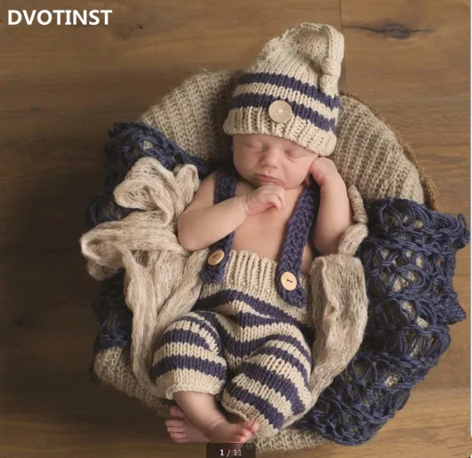 Dvotinst Newborn Baby Photography Props Crochet Knitted Striped Outfit Pants+Hat Fotografia Accessories Studio Shoots Photo Prop