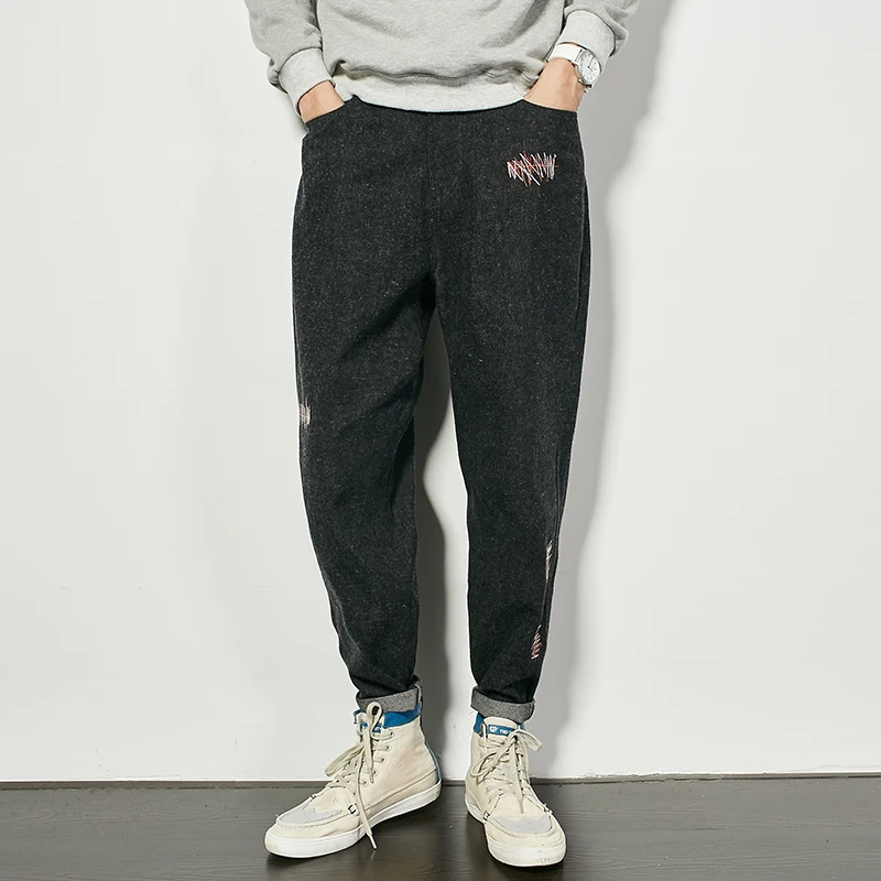 Новый Японский вышивка Джинсы Мужчины Ретро Черные брюки случайных ноги