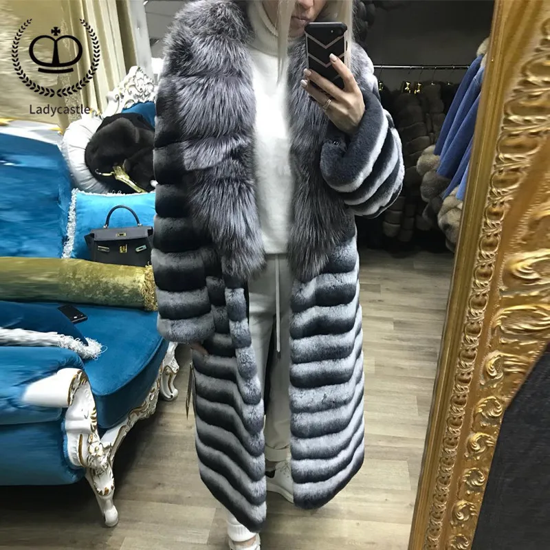 2018New кожа настоящая шиншилла кролик рекс пальто с мехом X Long большим серебристым